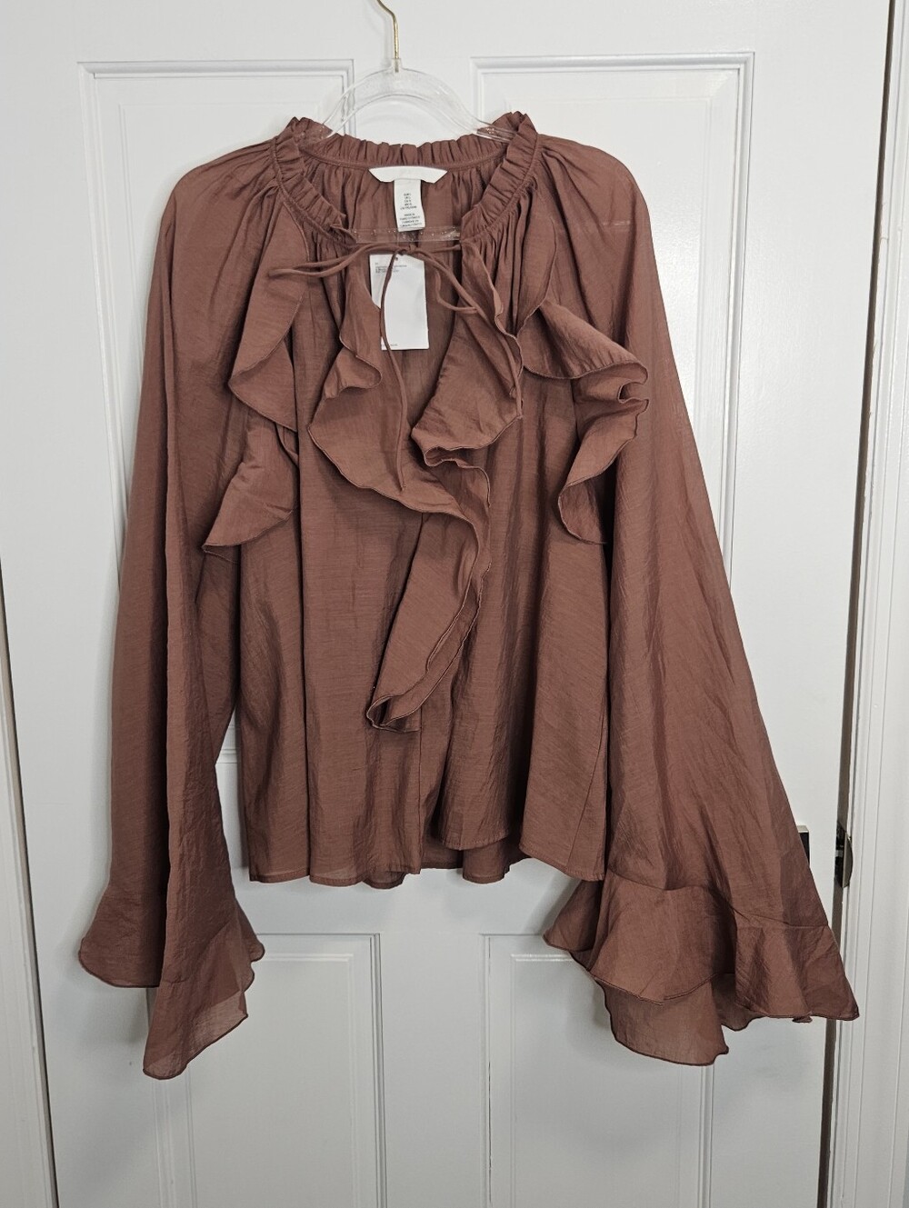 NWT H&M Rust Brown Ruffle Blouse L Boho Tie Neck Bell Sleeve Cottagecore Top - Picture 2 of 8